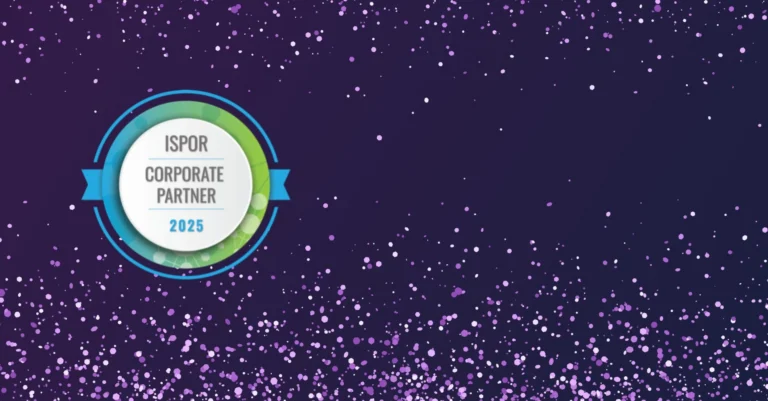 A circular badge on a purple background with scattered light dots reads ISPOR Corporate Partner 2025 in the centre.