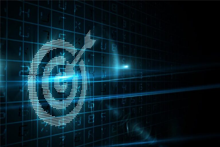A digital target with an arrow in the centre, composed of blue glowing dots, appears against a dark background with numbers and grid lines, symbolising precision and technology.