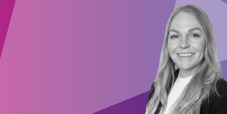 A smiling woman with long blonde hair in a suit, shown in black and white on the right side, with a purple gradient geometric background.