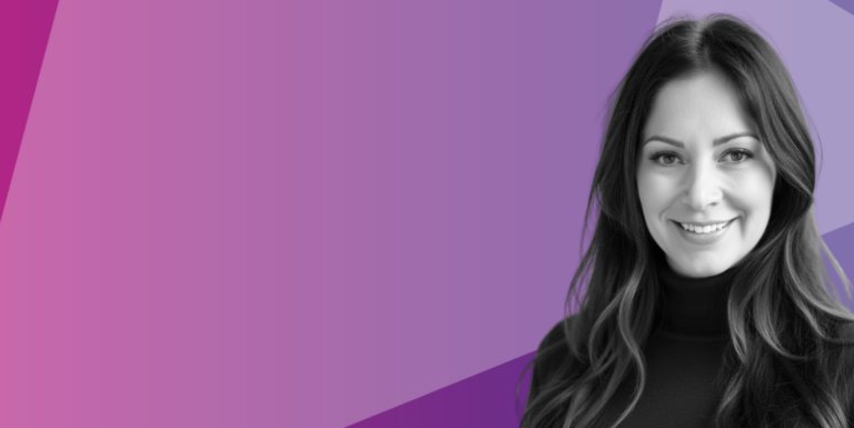 A woman with long hair and a black top smiles, shown in black and white on the right side of a purple and pink geometric background.
