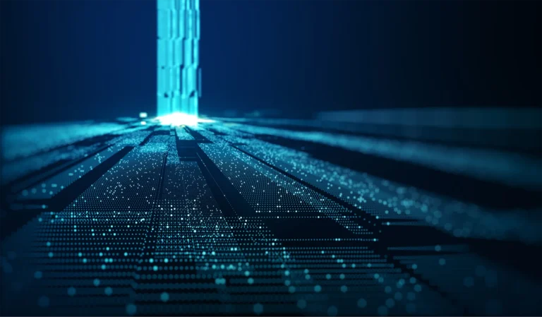 Blue digital lines and dots form a glowing, futuristic pathway that converges towards a bright vertical light source in the distance, set against a dark background.