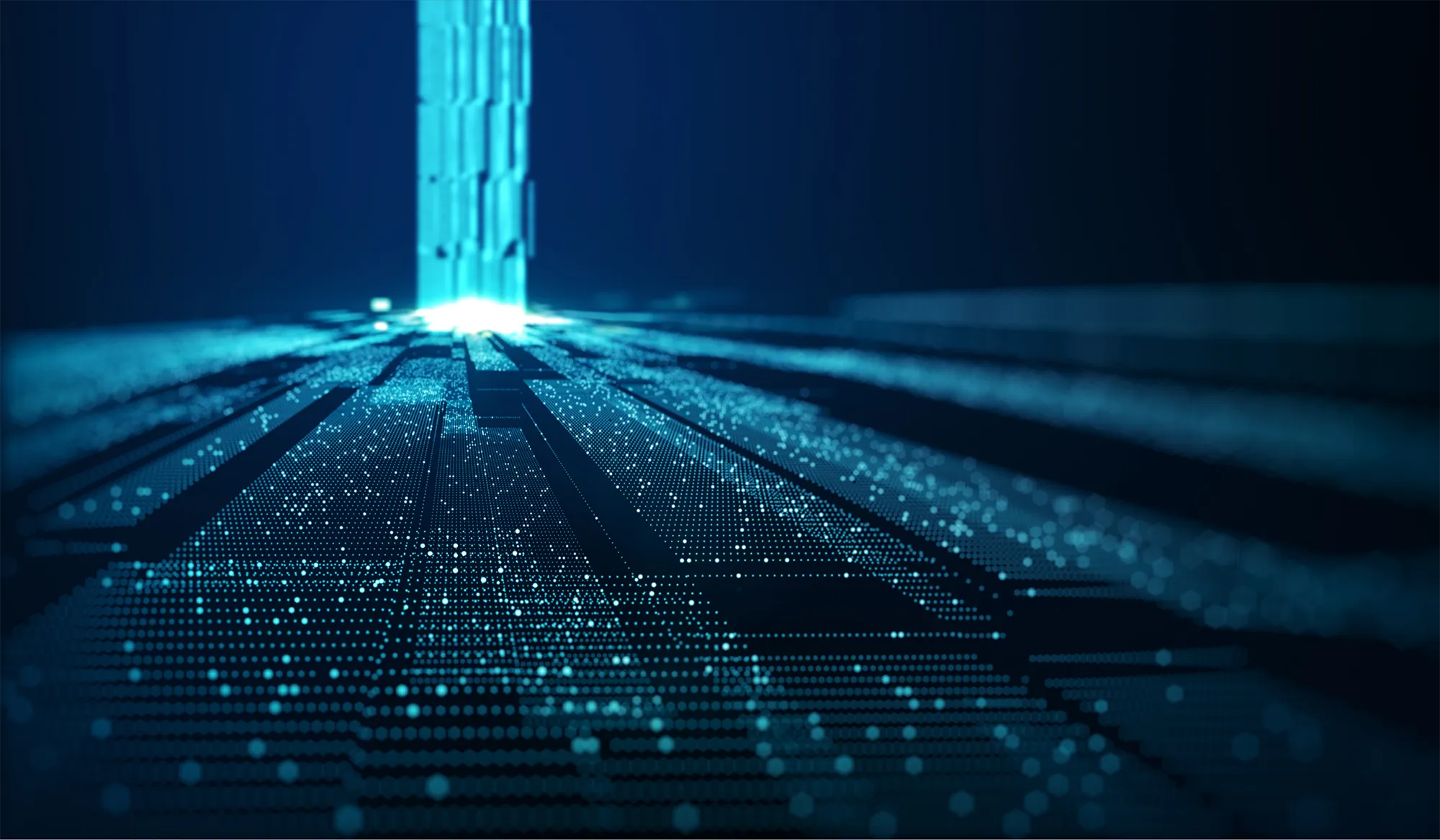Blue digital lines and dots form a glowing, futuristic pathway that converges towards a bright vertical light source in the distance, set against a dark background.