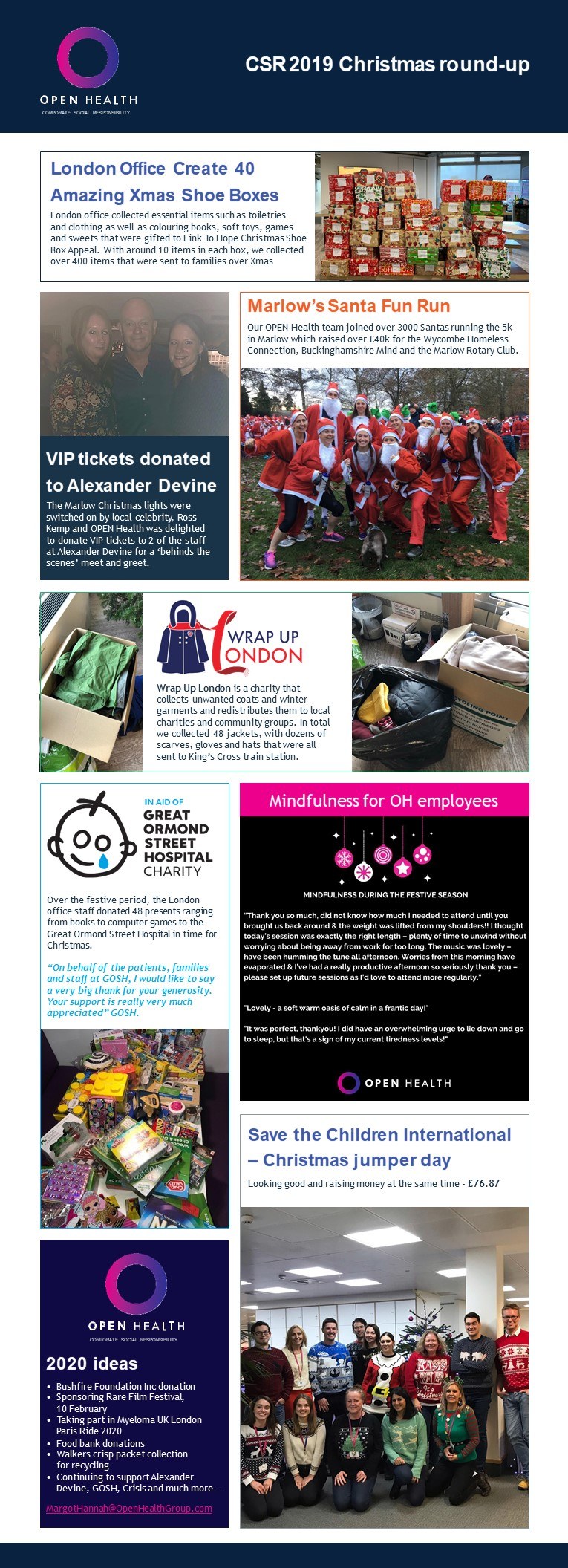 A collage shows OPEN Health’s 2019 Christmas CSR events, including gift donations, fun runs, a cake sale, a food bank collection, mindfulness tips, and a team photo in Christmas jumpers, plus a list of ideas for 2020 activities.