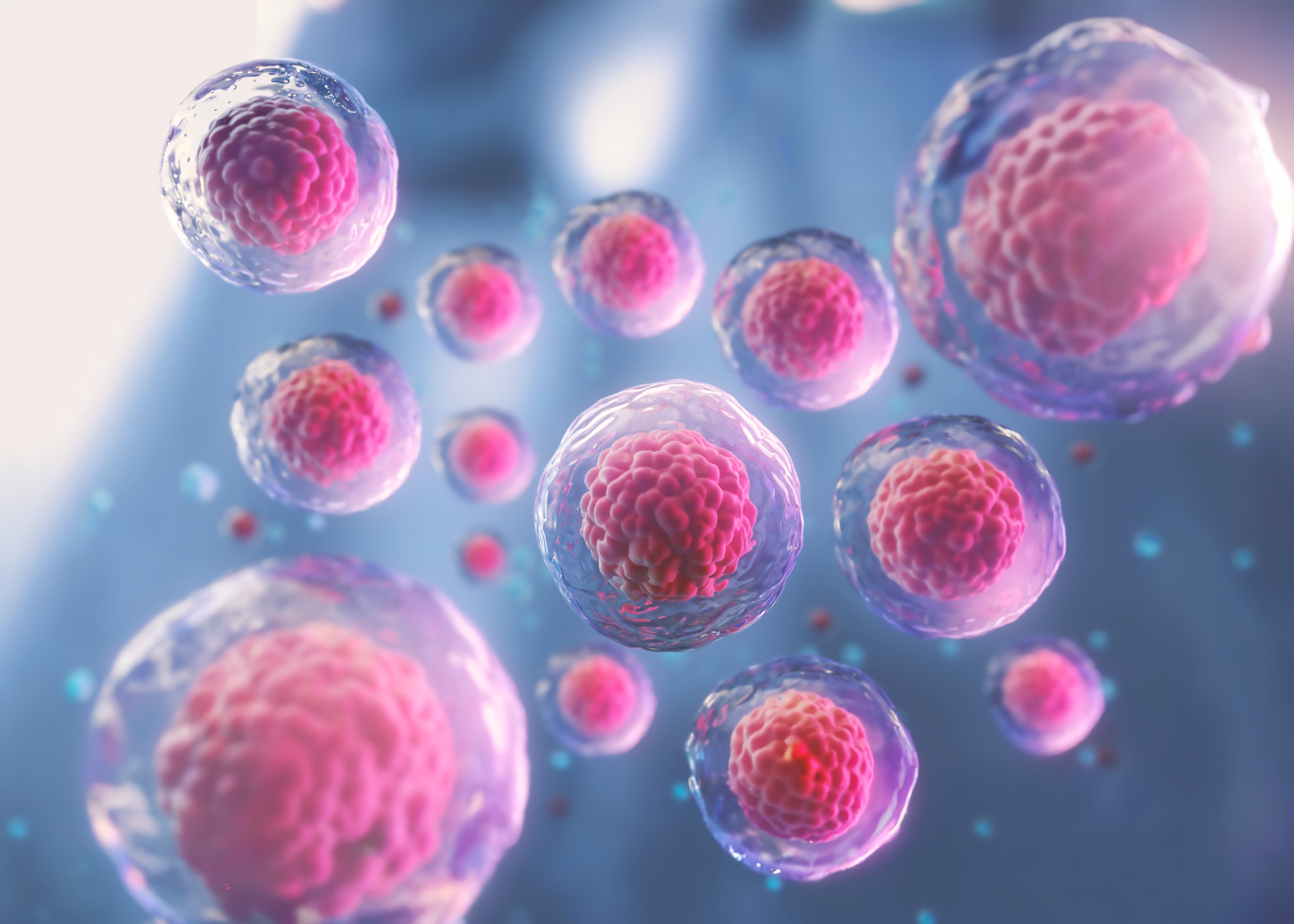 A cluster of pink and purple cells with visible nuclei floats against a soft blue background, representing biological or microscopic life forms.
