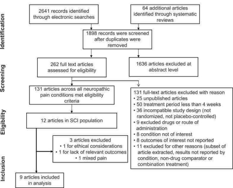 A flowchart shows study selection for a review: from 2,705 records, 9 articles were included after screening and applying eligibility criteria, with reasons for exclusions listed at each stage.