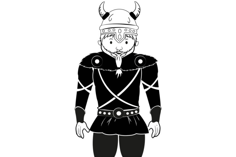 Black and white illustration of a person wearing a horned Viking helmet, a belted tunic with fur shoulders, and arm bands, standing and facing forwards.