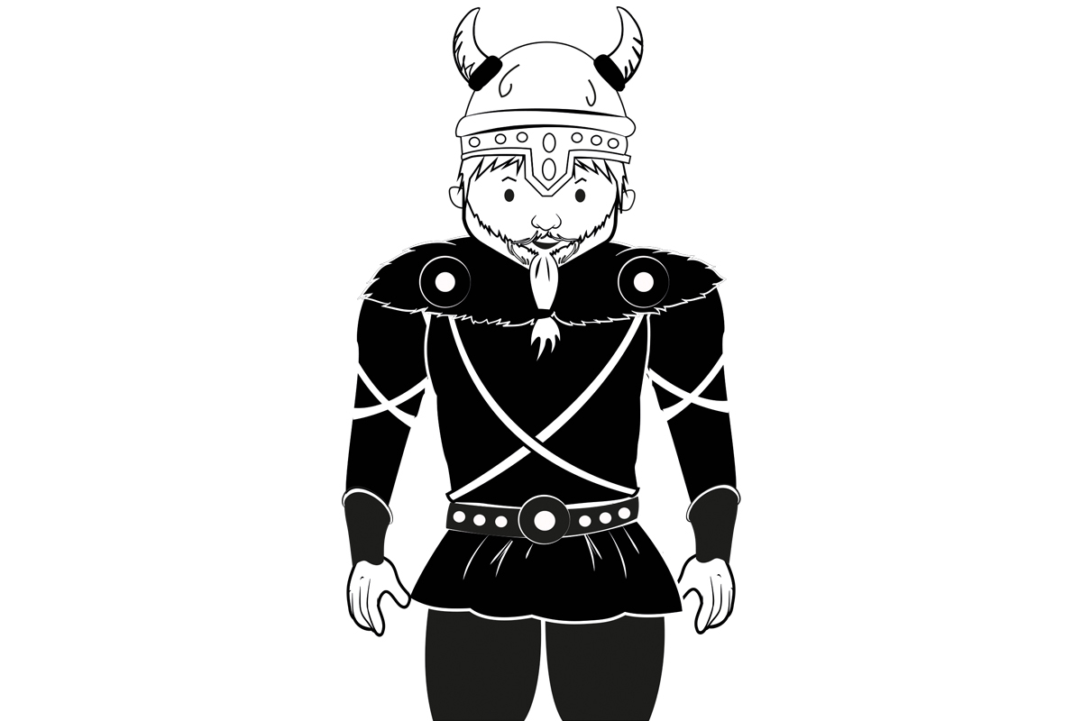 Black and white illustration of a person wearing a horned Viking helmet, a belted tunic with fur shoulders, and arm bands, standing and facing forwards.