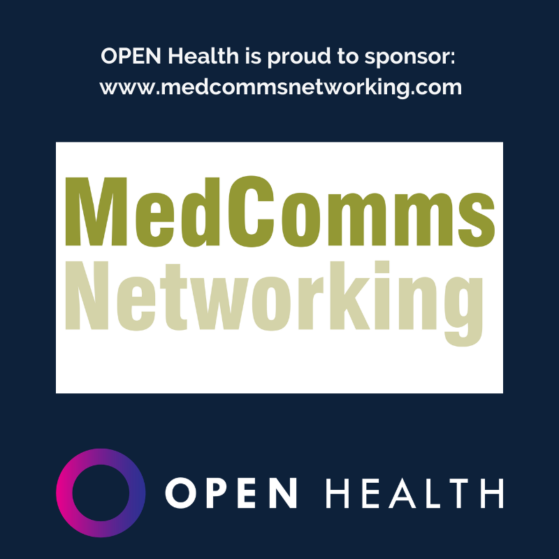 Dark blue graphic with text: OPEN Health is proud to sponsor: www.medcommsnetworking.com. Large MedComms Networking in green shades on white. OPEN Health logo and name at the bottom.
