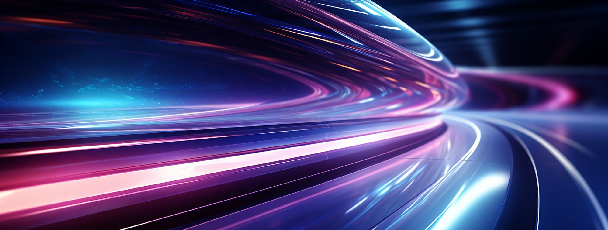 Curved streaks of neon blue, pink, and purple lights create a futuristic, fast-moving tunnel effect against a dark, glossy background.