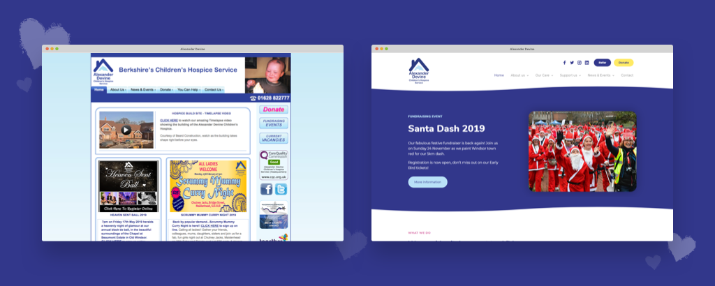 Side-by-side comparison of an old, cluttered website on the left and a modern, clean website redesign on the right, both for Alexander Devine Children’s Hospice Service.