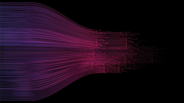 Curved purple and pink lines fan out from the left, splitting into many thinner segments towards the right, set against a black background, creating an abstract, digital, wave-like effect.