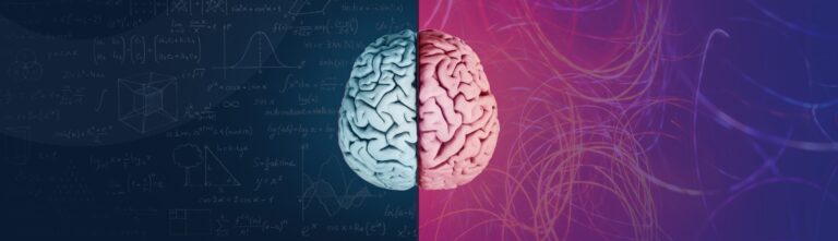 A brain is split in half; the left side is blue with maths and science formulae, while the right side is pink with abstract, wavy lines on a purple background, representing logic versus creativity.