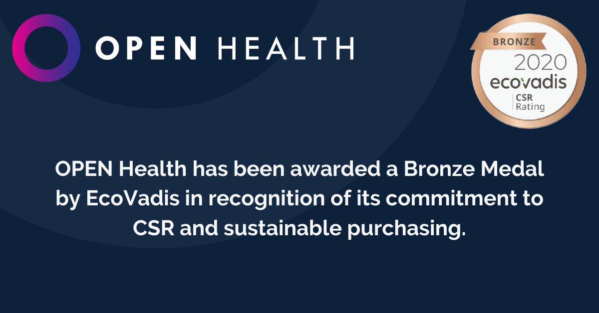 OPEN Health receives a Bronze Medal from EcoVadis 2020 for its commitment to CSR and sustainable purchasing, as shown by the announcement and medal logo on a dark blue background.