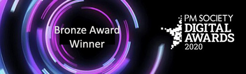 Abstract circular light patterns with the text Bronze Award Winner and PM Society Digital Awards 2020 displayed on a dark background.