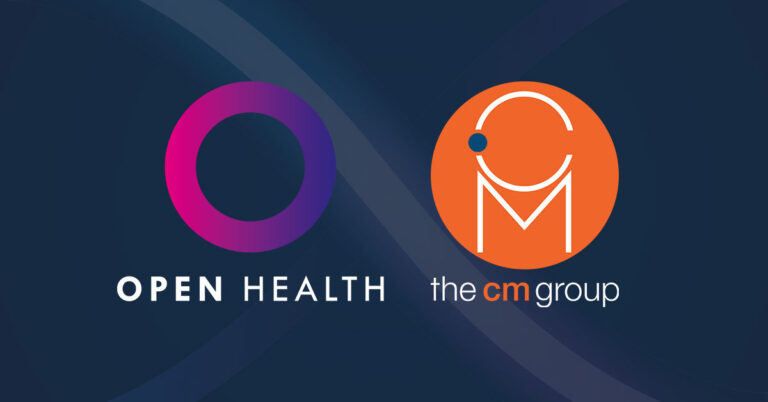 Two logos on a dark background: one for OPEN Health with a purple and pink O, and one for the cm group, showing a stylised cm in white on an orange circle.