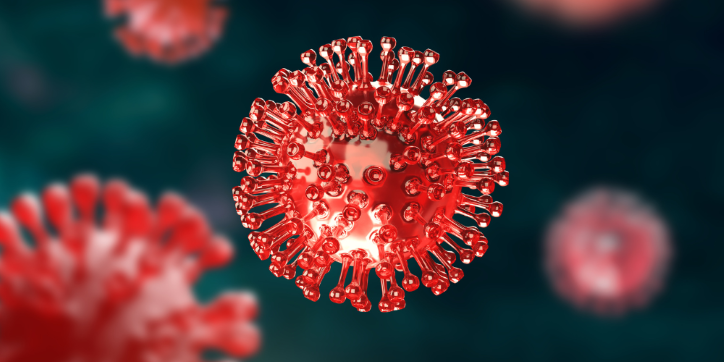 A close-up illustration of a red, spiky virus particle against a blurred dark background, resembling the coronavirus (COVID-19).
