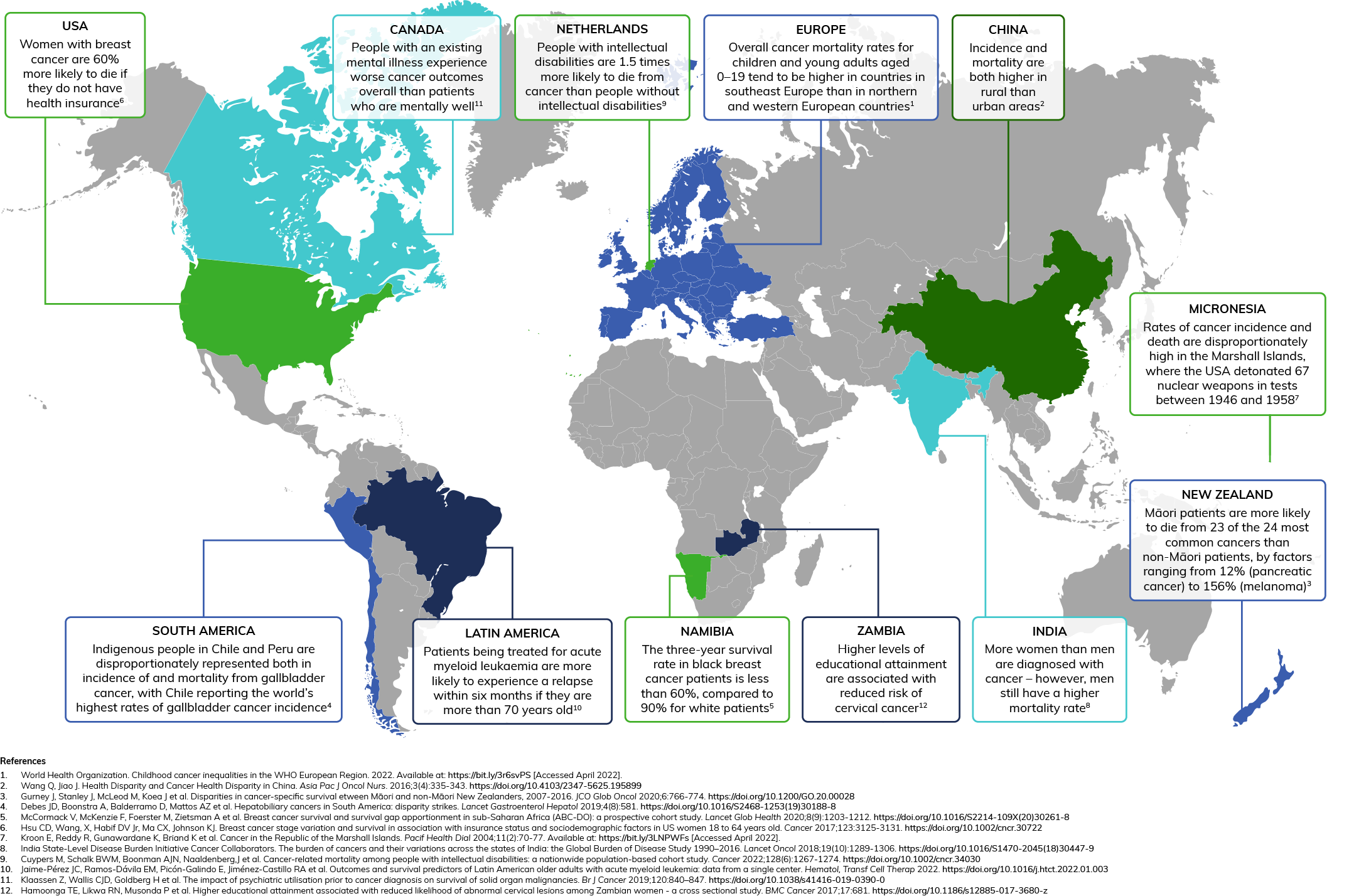 A world map highlighting countries with text boxes showing unique cancer-related statistics or facts for each region, including the USA, Canada, Europe, China, India, and others. Different countries are coloured in blue, green, and navy.