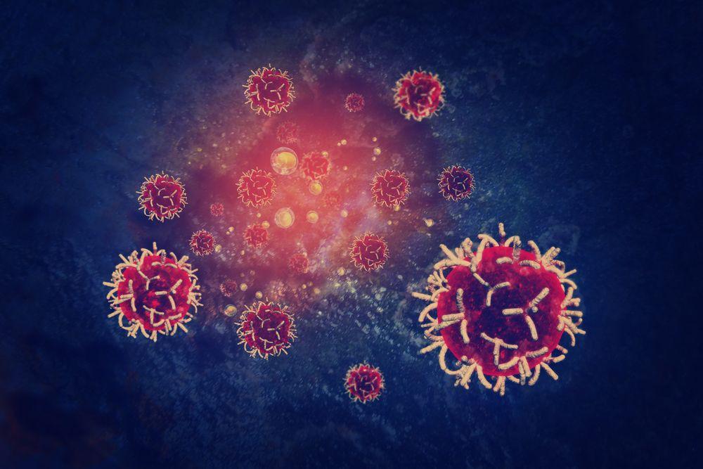 Several red and pink virus-like structures float against a dark blue background, with glowing particles scattered throughout, creating a cosmic or microscopic effect.