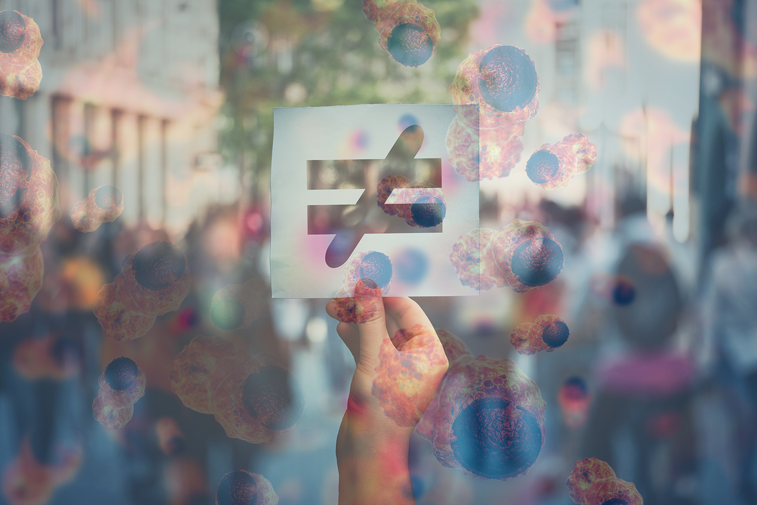 A hand holds a paper with an inequality symbol cut out, against a blurred city street background, overlaid with images of cells, suggesting a concept of inequality and health.