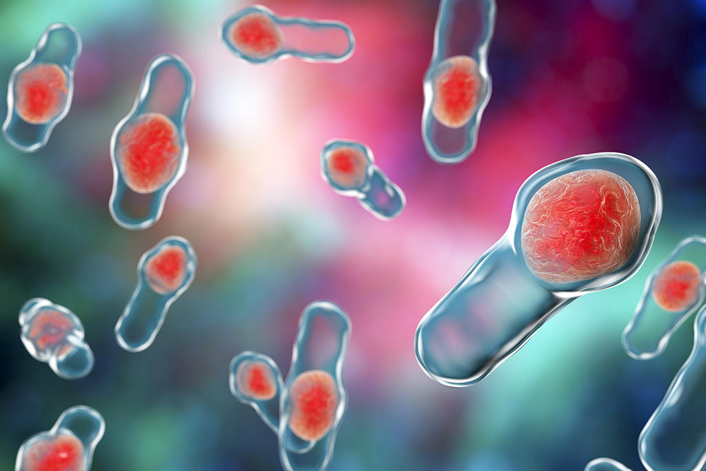 Digital illustration of rod-shaped bacteria with red interiors on a blue and pink blurred background, representing microscopic biological organisms.