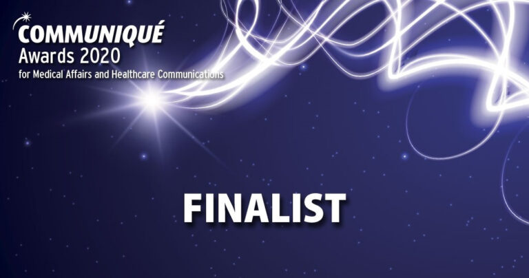 A graphic for the Communiqué Awards 2020 for Medical Affairs and Healthcare Communications, featuring the word FINALIST on a starry, purple background with white light streaks.