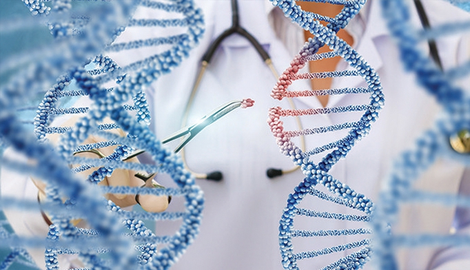 A person in a lab coat uses tweezers to remove a small section from a DNA double helix, with multiple DNA strands and a stethoscope visible in the background.