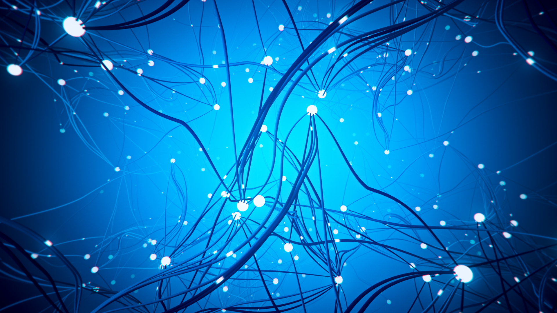 Blue abstract background with intertwining lines and glowing white dots, resembling neural networks or interconnected nerves on a gradient blue backdrop.