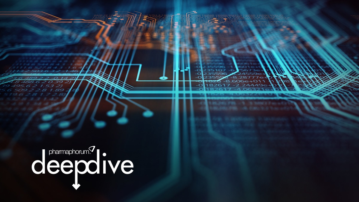 Close-up of a digital circuit board with glowing blue lines and numbers. The words pharmaphorum deep dive are displayed in the lower left corner.