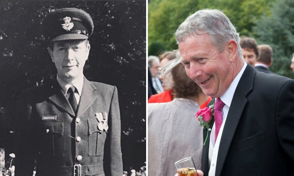 A split image shows a man in a military uniform with medals on the left, and the same man older, smiling in a suit with a pink flower on his lapel, holding a drink at an outdoor event on the right.