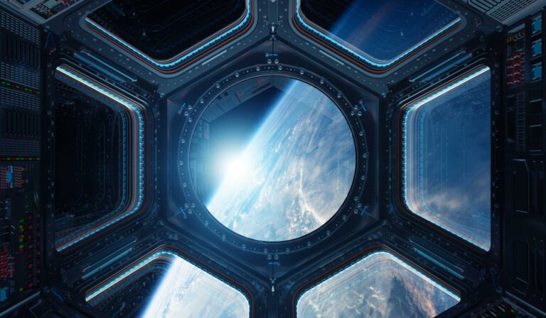 View of Earth and the sun shining through a round window in a spacecraft or space station, surrounded by panels and controls, giving a futuristic and technological feel.