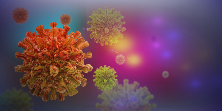 Digital illustration of colourful, spiky virus particles floating against a blurred, multicoloured background with shades of purple, blue, yellow, and pink.