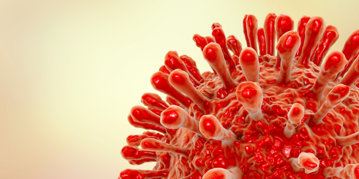 A close-up 3D illustration of a virus with red, spike-like protrusions set against a soft, yellowish background.