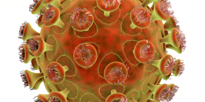 A 3D illustration of a virus particle, showing a spherical, orange-red body with yellow-green spike proteins protruding from the surface, resembling the structure of a coronavirus.