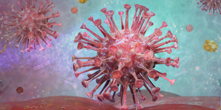 A close-up 3D illustration of a virus, with pink spike proteins, floating against a bluish-green background, representing a microscopic view of a viral infection.