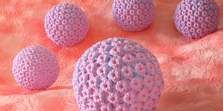 Digital illustration of five spherical, pink and purple virus-like structures on a textured, reddish-pink surface, resembling microscopic cells or viruses.