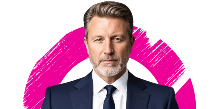 A middle-aged man with grey hair and beard, wearing a dark suit and tie, stands in front of a white background with a pink circular brushstroke design.