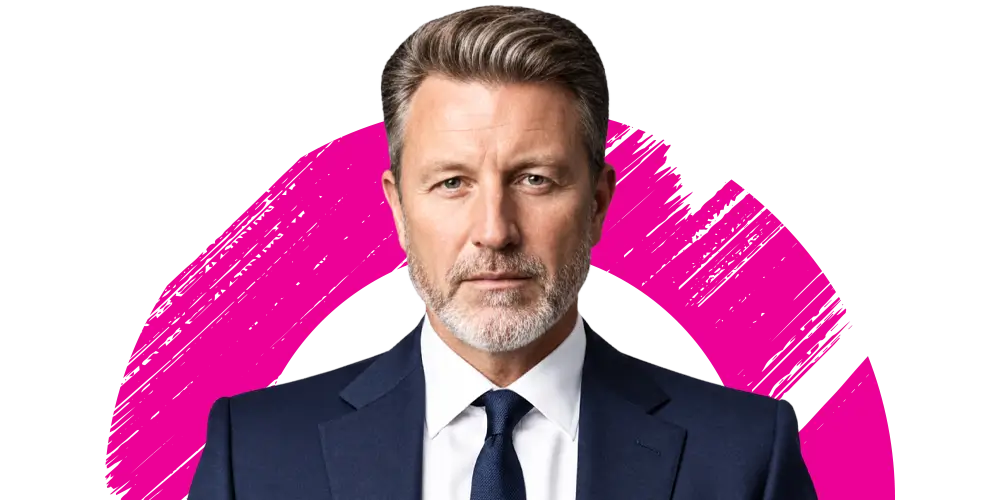 A middle-aged man with grey hair and beard, wearing a dark suit and tie, stands in front of a white background with a pink circular brushstroke design.