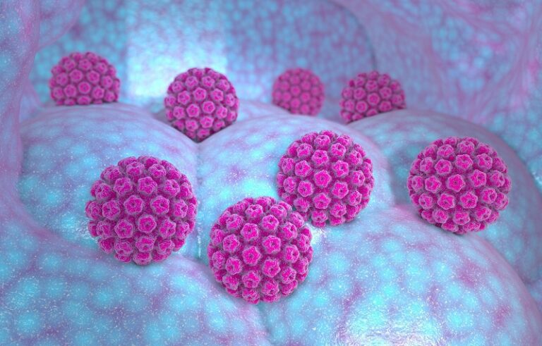3D illustration of several pink, spherical virus particles with textured surfaces on a shiny blue and purple background, representing a microscopic scene.