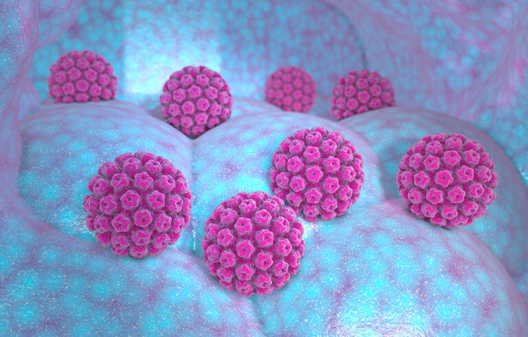 Clusters of round, pink, spiky virus-like particles rest on a smooth, bluish surface, resembling a microscopic or cellular environment.