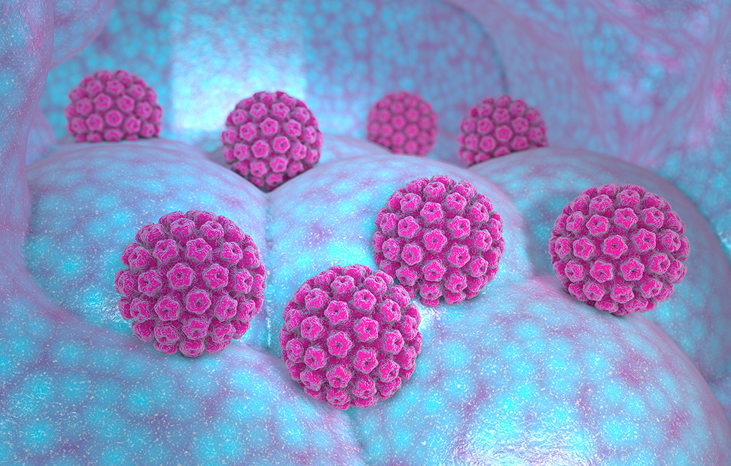 Clusters of round, pink, spiky virus-like particles rest on a smooth, bluish surface, resembling a microscopic or cellular environment.