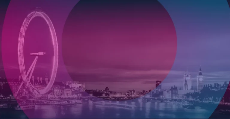 The London Eye and the Houses of Parliament at dusk, with pink and purple transparent circles overlaying the cityscape and reflecting in the River Thames.