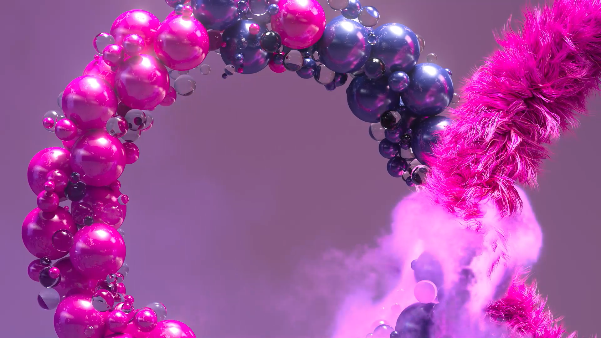 A curved structure of shiny pink and purple spheres and a furry pink texture emits pink smoke against a soft purple background.
