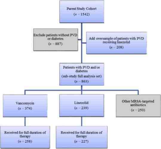 Flowchart showing patient selection: starting with 1,542, excluding 887 without PVD/diabetes, adding 208 with PVD on linezolid. Final set: 863, split into vancomycin, linezolid, or other MRSA antibiotics, and therapy durations.