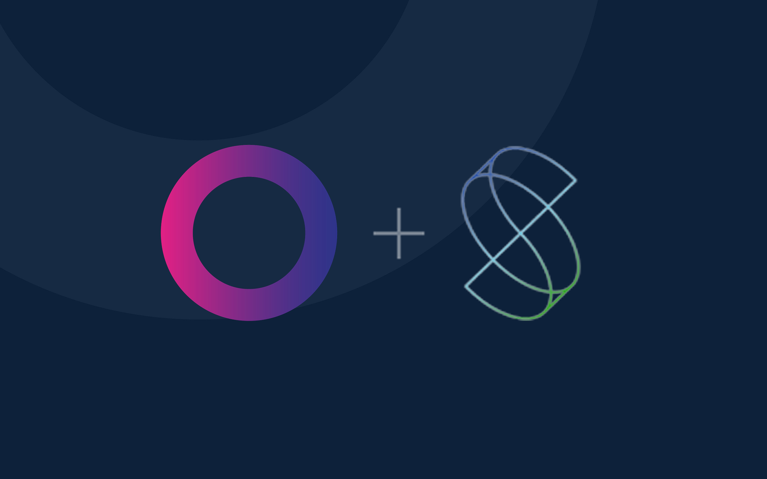 A gradient circle and an abstract, overlapping line design are side by side with a plus sign between them, all on a dark blue background.