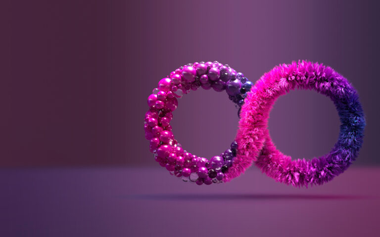 Two intertwined rings, one covered in shiny pink and purple beads, the other wrapped in soft, fuzzy pink and blue material, set against a smooth purple gradient background.