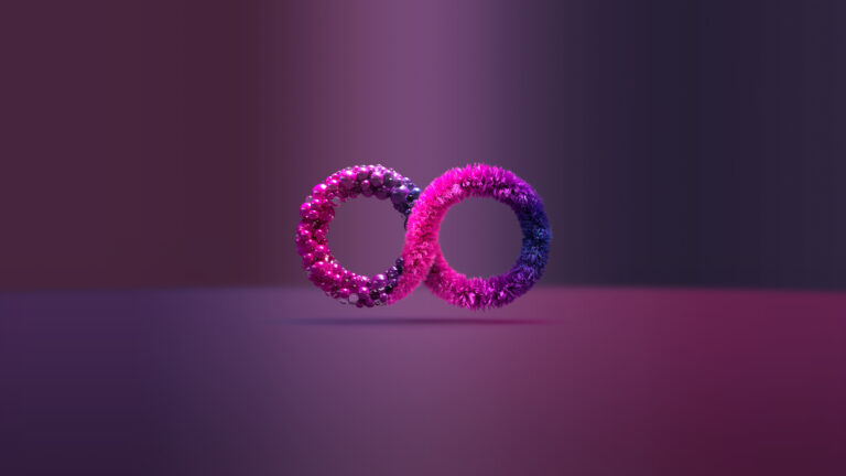 Two textured, glowing rings forming an infinity symbol, with pink and purple hues, float above a softly lit gradient background.