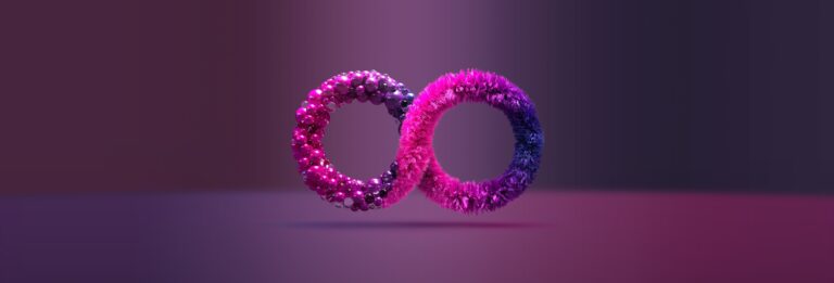 Two textured rings, one pink and sparkly and the other fuzzy and purple, intertwine against a gradient background of dark purple and magenta tones.