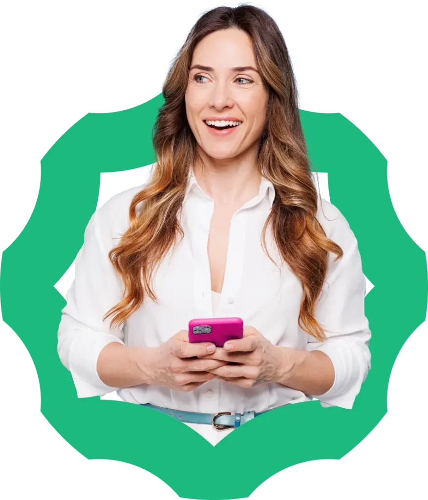 Smiling woman holding a smartphone, framed by the OPEN Health green brand shape