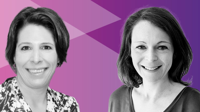 Two women smiling, shown from the shoulders up, with short dark hair, in front of a purple geometric background.