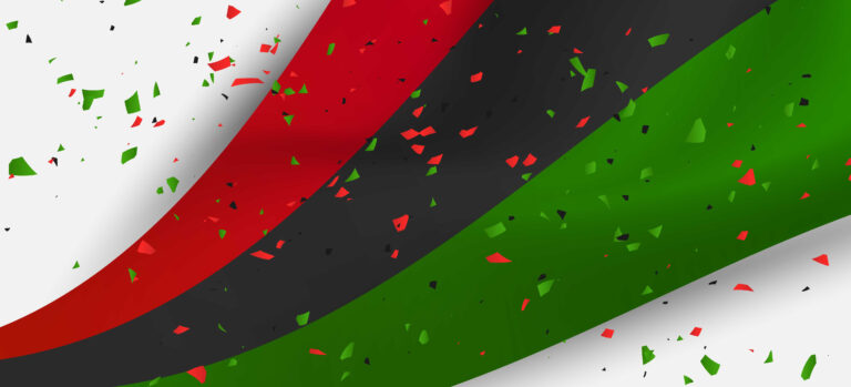 Red, black, and green curved stripes with scattered red, green, and black confetti pieces on a white background.